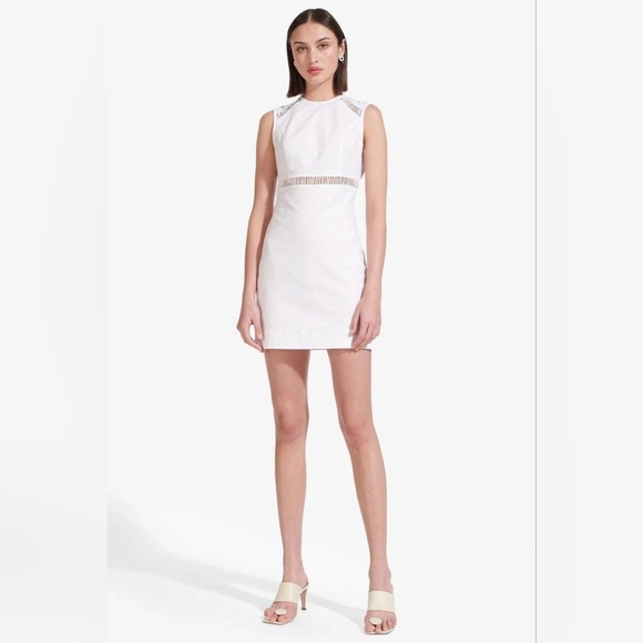 Staud Cricket Dress White Linen Cutout Mini Dress Size 12 Mod Sheath Cocktail - Picture 1 of 8